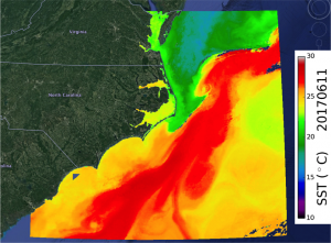 Sea surface temperature off North Carolina without fronts marked.