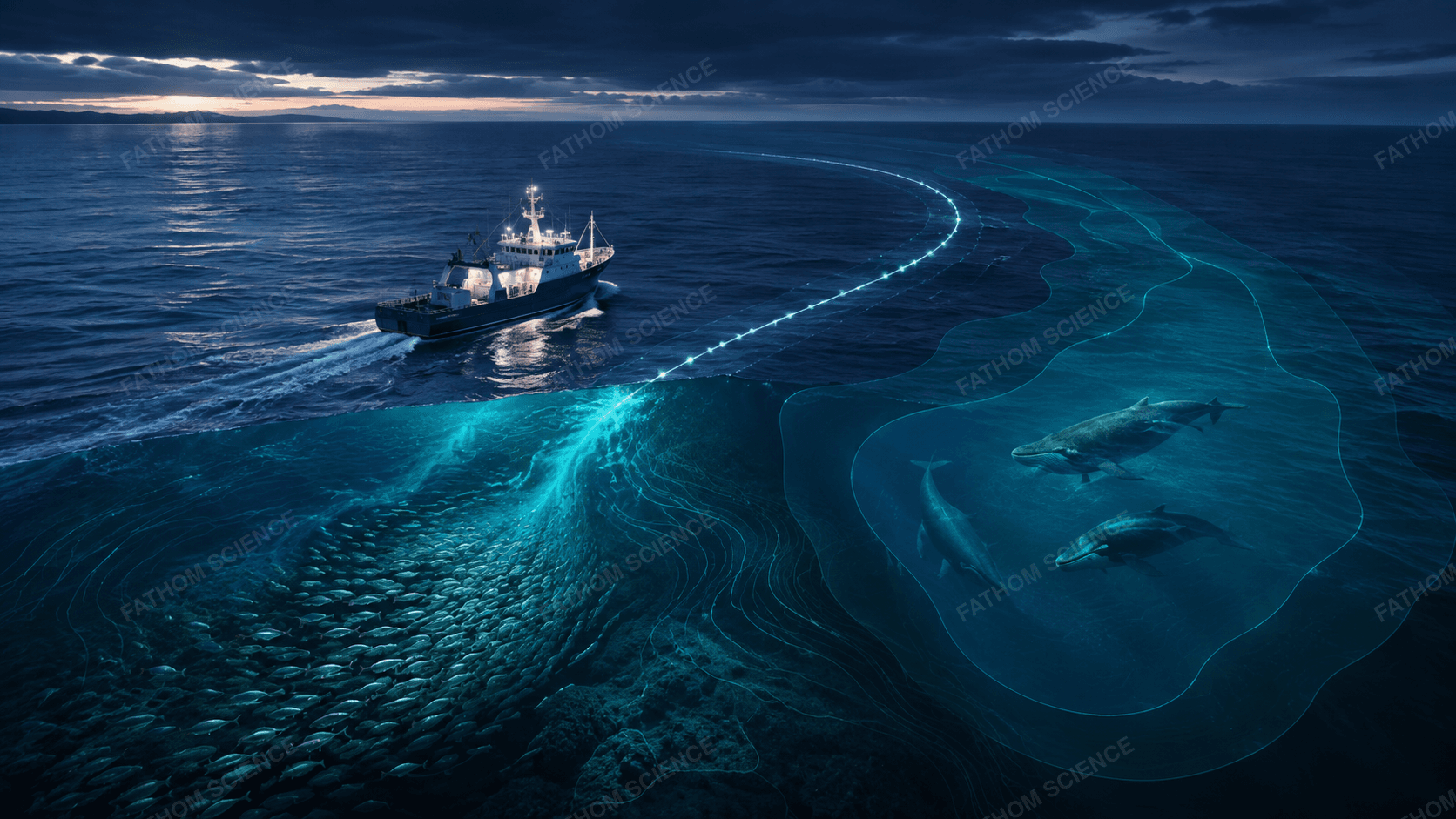 A fishing vessel at the surface tracked by a live data overlay above a school of fish and a pod of whales below