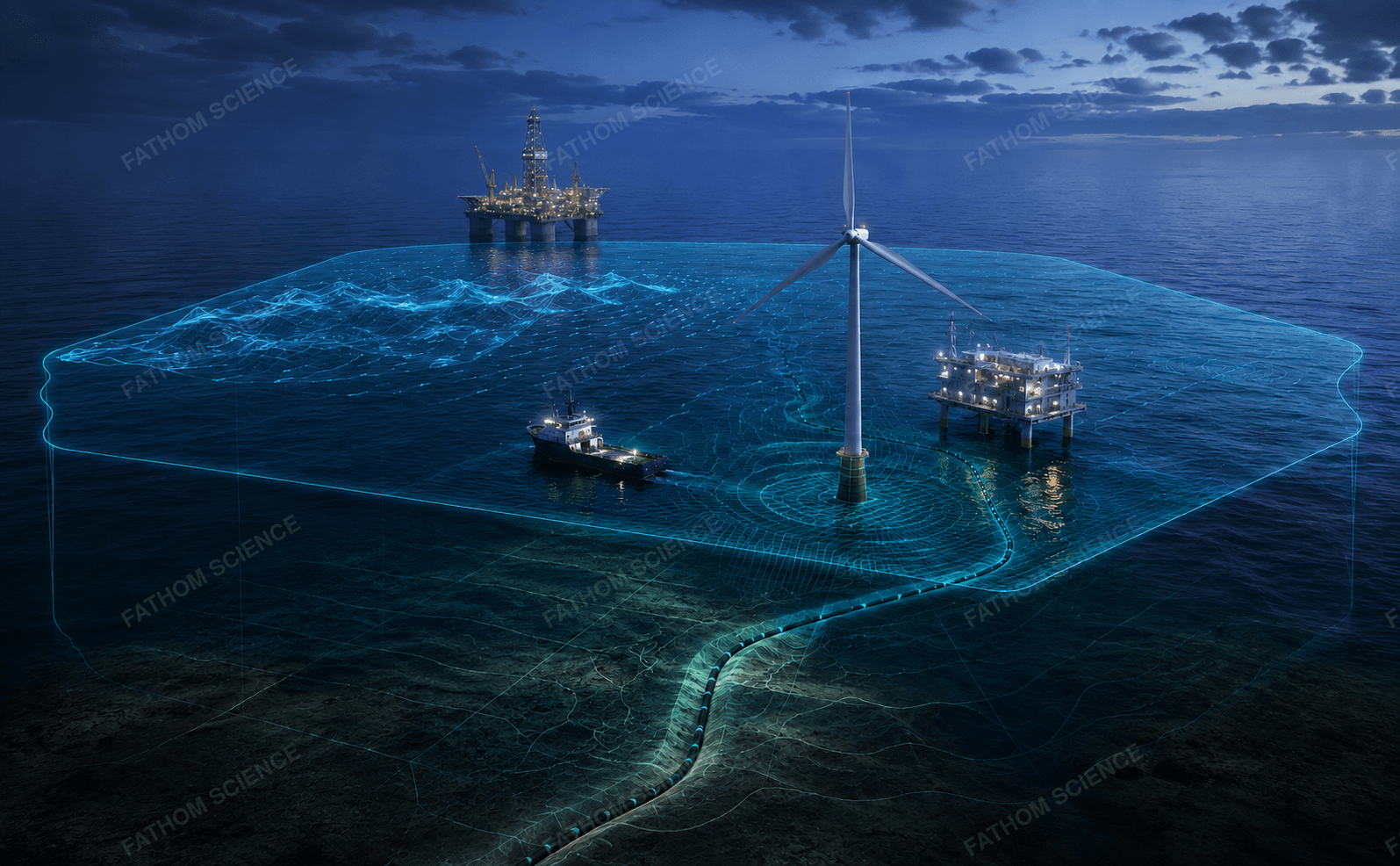 An offshore drilling platform, a wind turbine, a production platform, and a support vessel, each within its own monitored digital-twin site