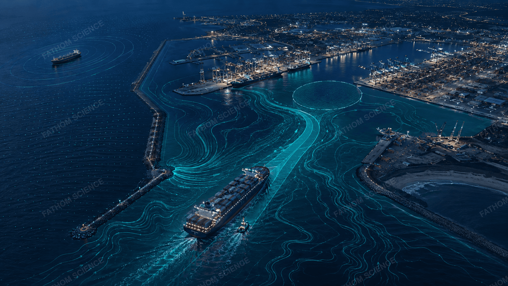 A container ship guided by a pilot boat toward a lit port terminal with gantry cranes at night